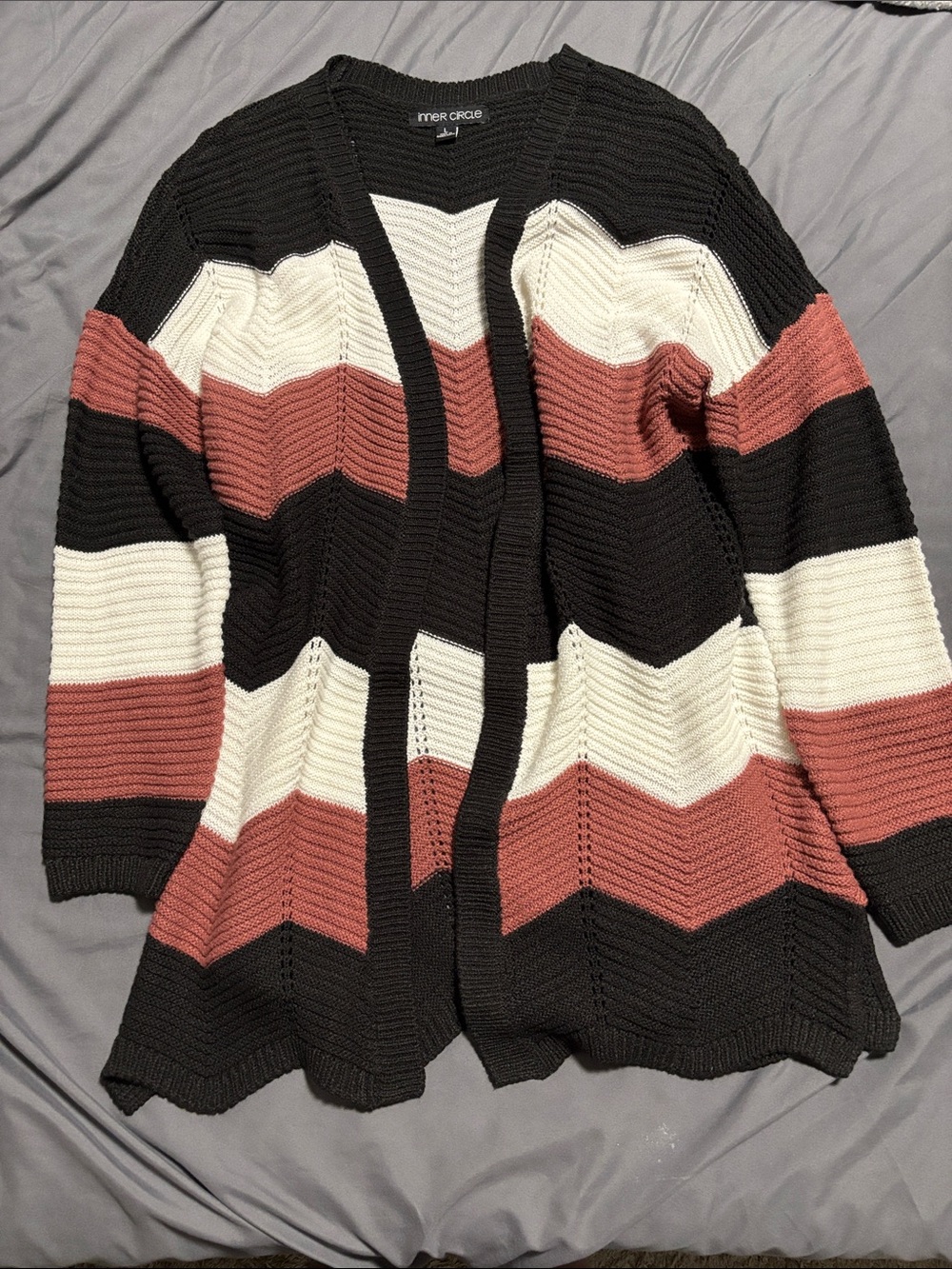 Open-Front Striped Cardigan Sweater - Black, Cream & Dusty Rose